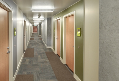 Residential hallway inside Rincon Green in San Francisco.