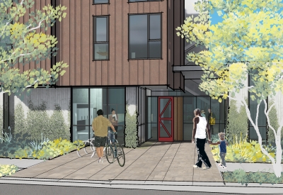 Exterior rendering of the entrance to 1100 La Avenida in Mountain View, California.