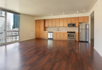 Kitchen inside a unit at Rincon Green in San Francisco.