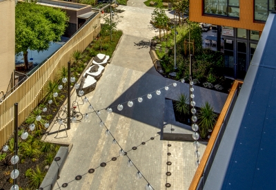 View of the pedestrian greenway from above at Mason on Mariposa in San Francisco.