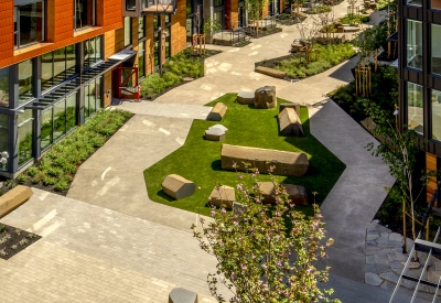 View of the pedestrian greenway from above at Mason on Mariposa in San Francisco.