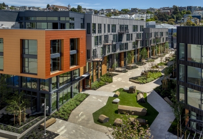 View of pedestrian greenway from above at Mason on Mariposa in San Francisco.