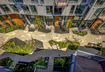 View of the pedestrian greenway from above at Mason on Mariposa in San Francisco.