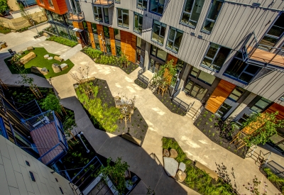 View of the pedestrian greenway from above at Mason on Mariposa in San Francisco.