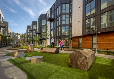 View of the mews and pedestrian greenway at Mason on Mariposa in San Francisco.