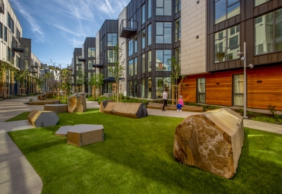 View of the mews and pedestrian greenway at Mason on Mariposa in San Francisco.
