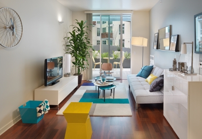 Interior view of a unit living room inside Rincon Green in San Francisco.