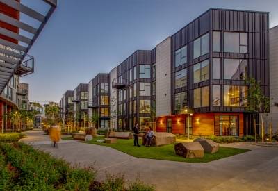 Pedestrian greenway during sunset at Mason on Mariposa in San Francisco.