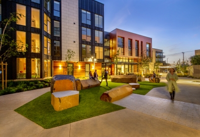 Pedestrian greenway during sunset at Mason on Mariposa in San Francisco.