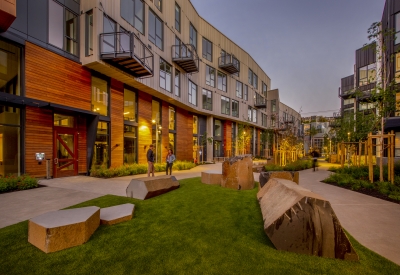 Pedestrian greenway during sunset at Mason on Mariposa in San Francisco.