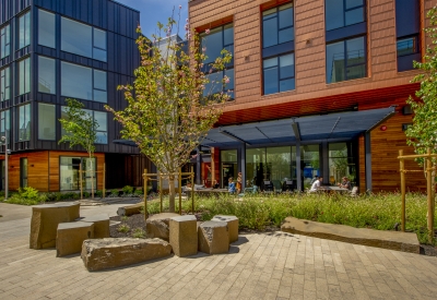 Exterior of leasing office with patio at Mason on Mariposa in San Francisco.