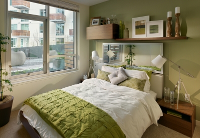 Interior view of a unit bedroom at Rincon Green in San Francisco.