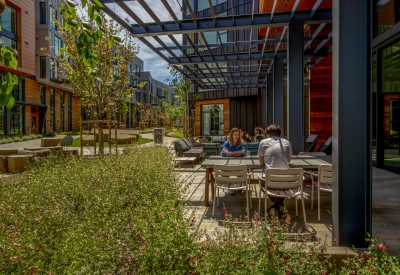 Exterior of leasing office with patio at Mason on Mariposa in San Francisco.