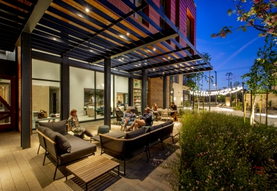 Leasing office exterior at dusk at Mason on Mariposa in San Francisco.