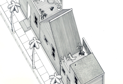 Aerial sketch of Spaghetti House in Berkeley, California.