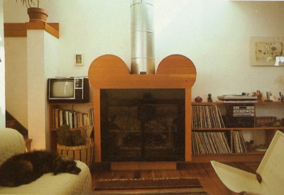 Interior view of a living room with a fireplace in Spaghetti House in Berkeley, California.