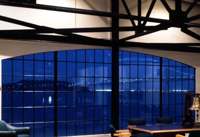 Upstairs meeting room looking out at the window at the bay bridge inside San Francisco Bar Pilots in San Francisco.