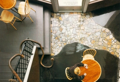 Interior view of the mosaic floor tiles at Bison Building & Brew Pub in Berkeley, California.