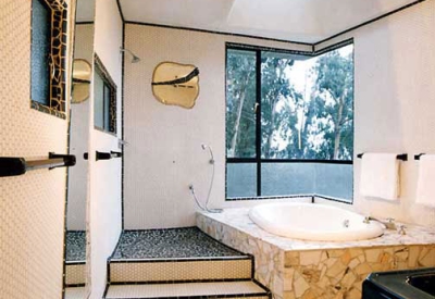 Bathtub inside Revenge of the Stuccoids in Berkeley, California.