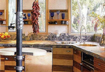 Interior view of the kitchen at Revenge of the Stuccoids in Berkeley, California.