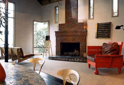 Fireplace in the living room of Revenge of the Stuccoids in Berkeley, California.