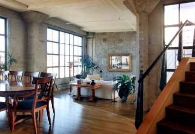 Interior view of a unit living room at 601 Fourth Street Lofts in San Francisco.