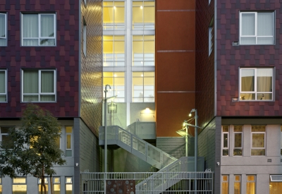 Exterior view of the small courtyard entrance at 888 Seventh Street in San Francisco.