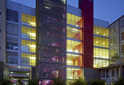 Exterior view of the stairs from the public courtyard at 888 Seventh Street in San Francisco.