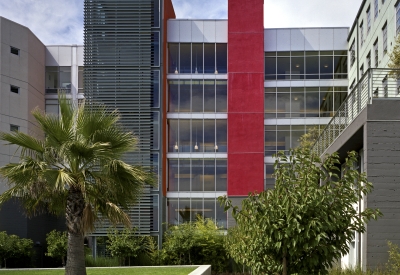 Exterior view of the stairs from the public courtyard at 888 Seventh Street in San Francisco.