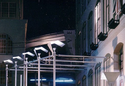 Exterior elevation at night at 355 Bryant Lofts in San Francisco.