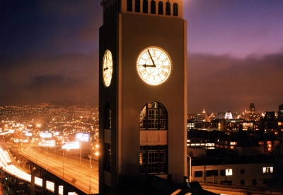 View of the clock tower at night from the roof of the Clock Tower Lofts in San Francisco.