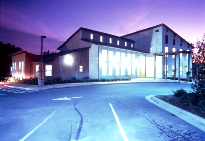 Exterior view of Sunrise Village at dusk in Fremont, California.