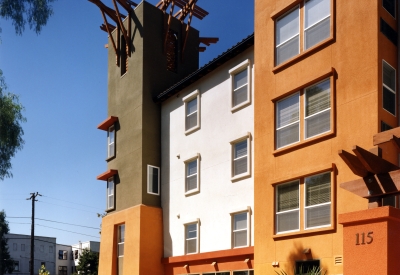 Sidewalk view of Plaza Maria in San Jose, California.