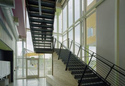 Stairs inside of the lobby of Taxi 2 in Denver, Colorado. 