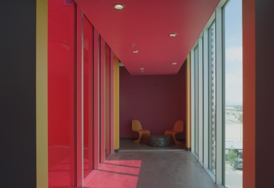 Pink glass in the hallway of Taxi 2 in Denver, Colorado. 