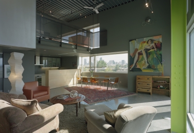 Living room inside a loft unit at Taxi 2 in Denver, Colorado. 