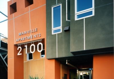Main apartment entrance to Manville Hall in Berkeley, California on Channing Way