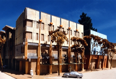 Cardboard study model of Manville Hall in Berkeley, California.