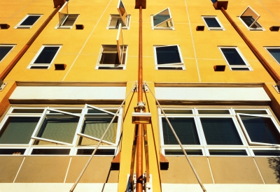 Looking up the western side of Manville Hall in Berkeley, California.