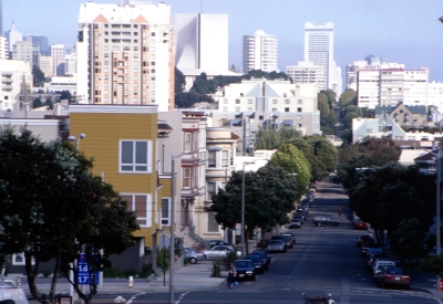 Looking down a street of San Francisco with Bell Mews on the left.