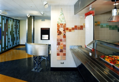 Interior view of the buffet style serving station at U.C. Berkeley Dining Halls