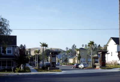 The entrance to Oroysom Village, with the Mission Hills in the background in Fremont, California.