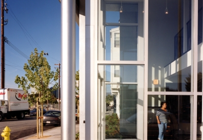 Entry windows to Pensione Esperanza in San Jose, California.