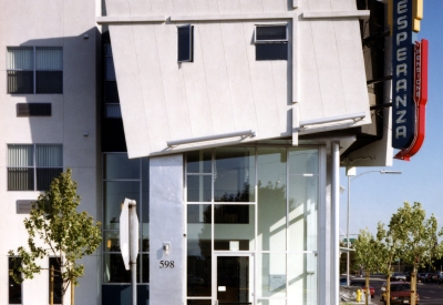 Exterior view of the entry sign to Pensione Esperanza in San Jose, California.