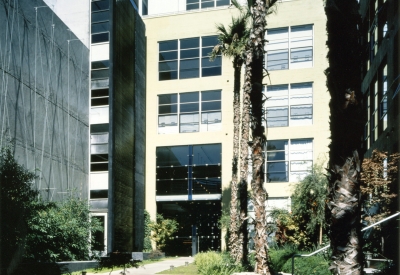 Exterior view of the entry courtyard to 1500 Park Avenue Lofts in Emeryville, California.