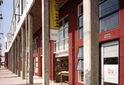 Exterior view of the ground level live/work lofts at 1500 Park Avenue Lofts in Emeryville, California.