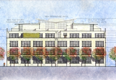 Sketch of the elevation for 1500 Park Avenue Lofts in Emeryville, California.