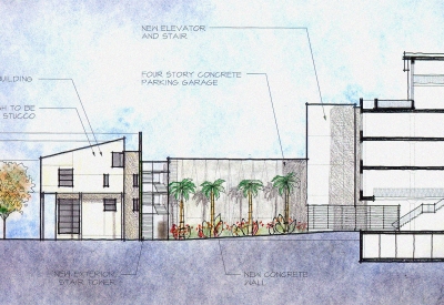 Sketch of the section through the courtyard for 1500 Park Avenue Lofts in Emeryville, California.
