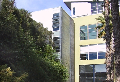 Exterior view of the entry courtyard to 1500 Park Avenue Lofts in Emeryville, California.