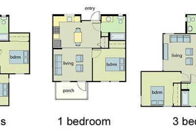 Floor plans for one, two and three-bedrooms at Stoney Pine Villa in Sunnyvale, California.